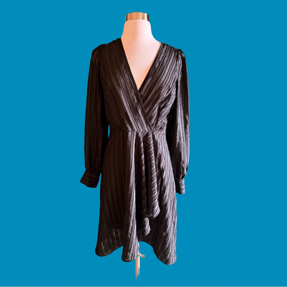 Calvin Klein Shimmering Striped Ribbon Raw Edge Faux Wrap Black Dress Size 8P